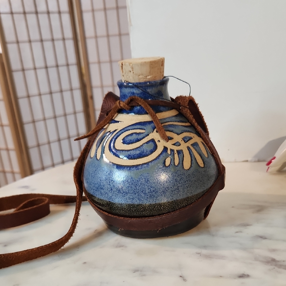 Vintage Blue Ceramic Jug /Cork with Leather Strap Signed